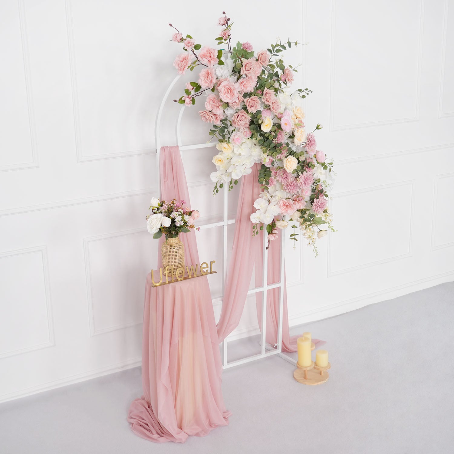 Uflower Artificial Pink Rose Green Leaf Flower Row Wedding KT Backdrop Decor
